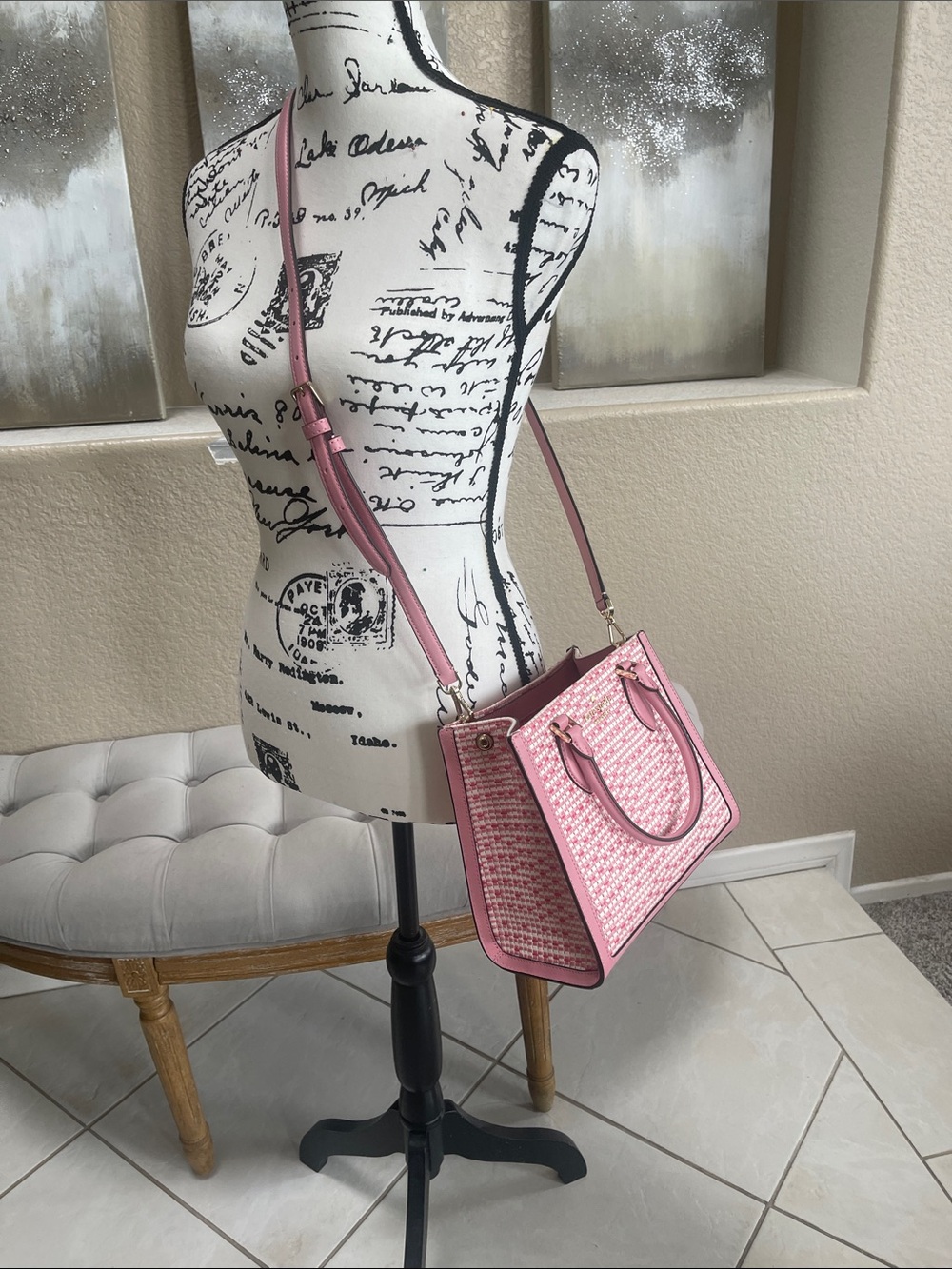 kate spade Pink and Cream Woven Top-Handle Satchel with Crossbody Strap - Picture 8 of 11